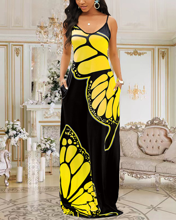 Summer Dresses for Wome for Plus Size Loose Yellow Butterfly Printed Adjustable African Dress