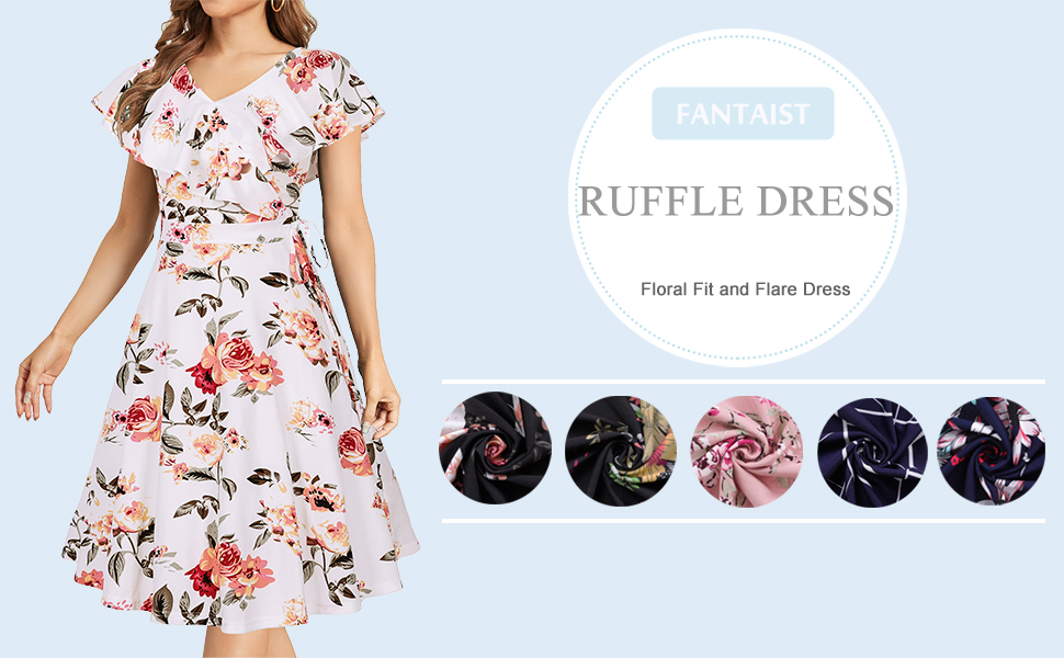 Summer Wrap V Neck Ruffle Floral Fit and Flare Cocktail Party Dresses for Women Wedding Guest
