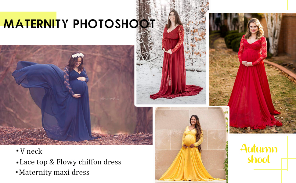 Maternity V Neck Lace Chiffon Maxi Dress for Photoshoot