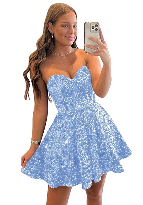 Blue Sequin Homecoming Dresses for Teens Sparkly A Line Prom Dress Tight Cocktail Dresses