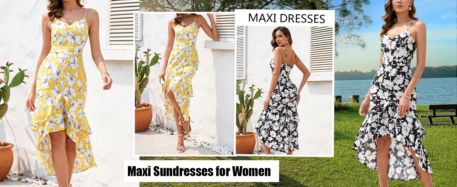 BLUEMING Summer Maxi Dresses for Women 2023 Spaghetti Strap Dress V Neck Dress