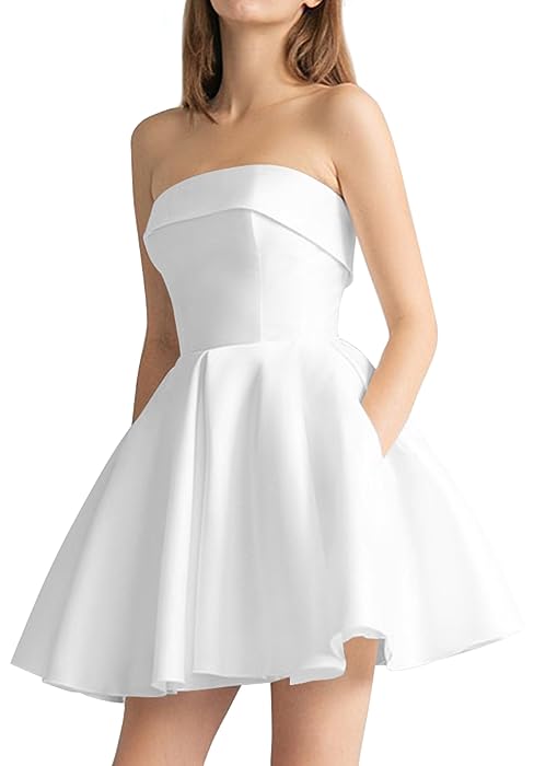 Strapless Satin Short Prom Dress with Pocket A Line Homecoming Dresses Short Wedding Gown for Bride