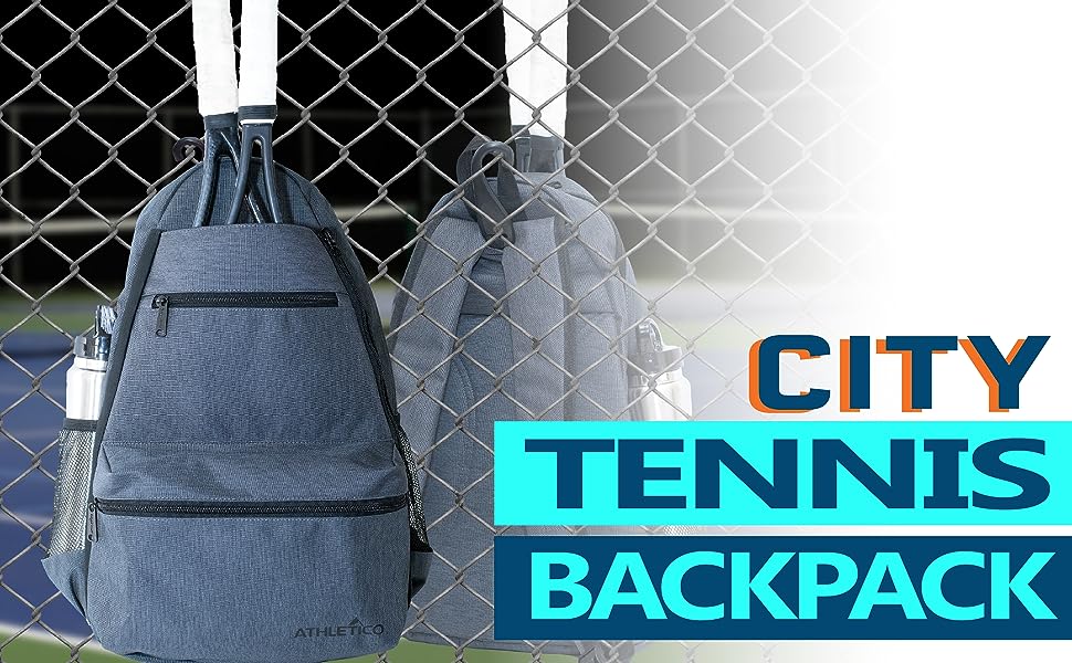 Athletico City Tennis Backpack in Gray or Pink Stripes. Compact backpack holds 2 rackets shoes balls