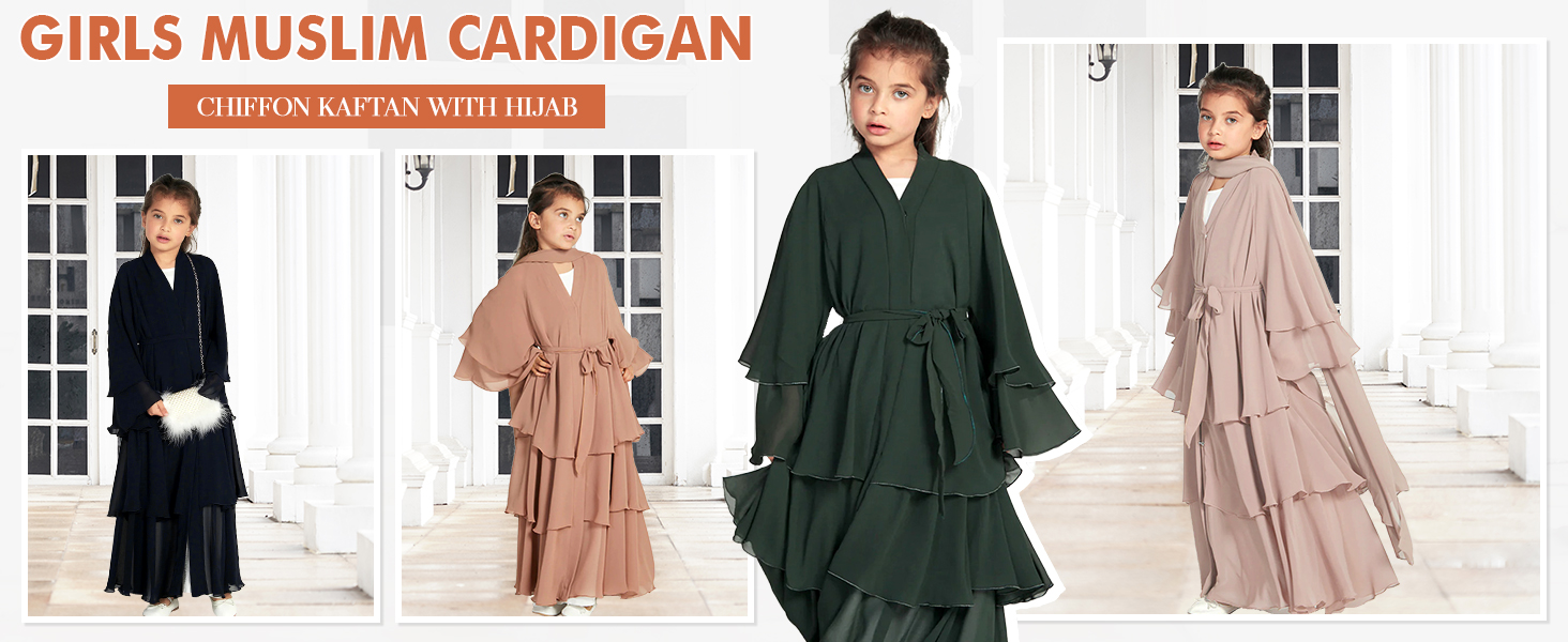 Muslim Girls Abayas Dress for Kids Ruffle Long Sleeve Open Front Cardigan Kaftan Robe