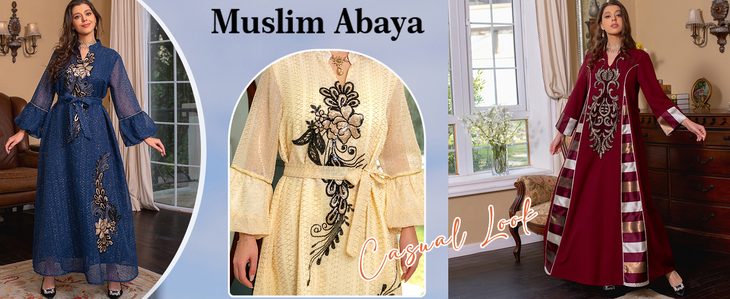 Embroidery Appliques Muslim Dresses for Women Embroidered Abayas Sequin Striped Kaftan Evening Gowns