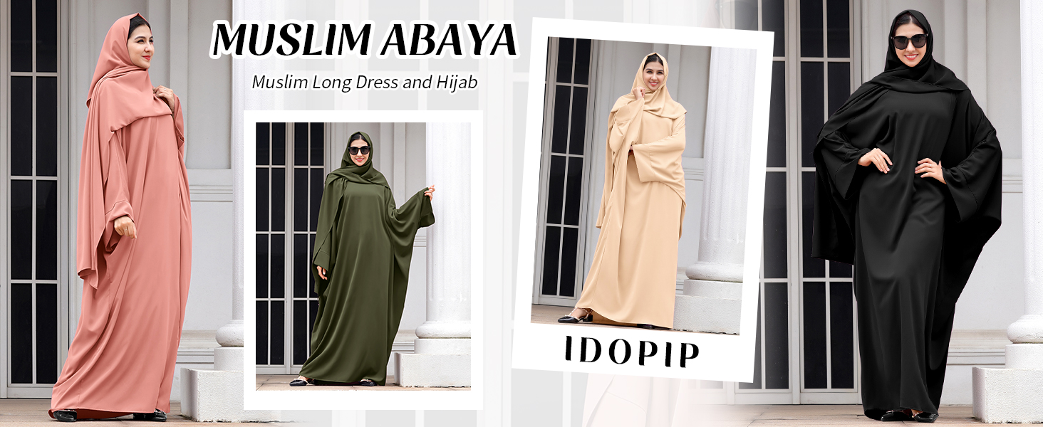 Abayas for Women Muslim Dress with Hijab, One-Piece Long Sleeve Islamic Prayer Dress Kaftan Clothes