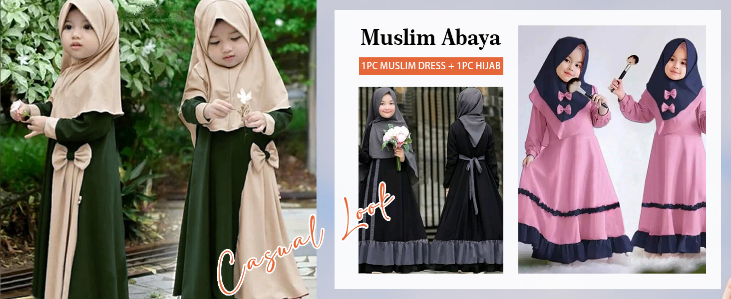 Muslim Girls Dress for Kids Long Sleeve Islamic Prayer Abaya Dress Maxi Kaftan Thobe with Hijab 2PCS