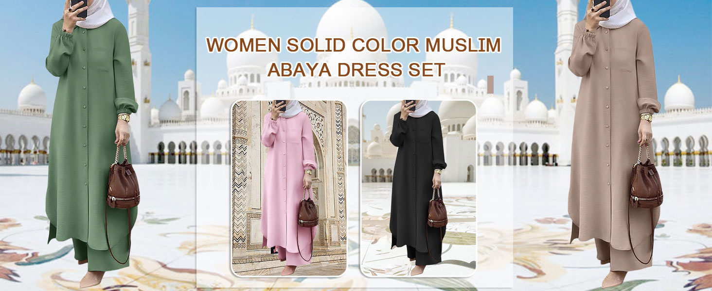 Abaya Dress for Women Muslim Set Long Sleeve Islamic Dress Shirt with Pants 2PCS Prayer Clothes